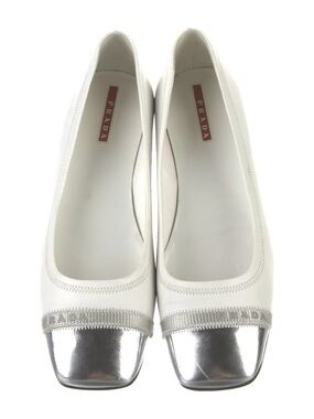 Prada White Leather Flats with Silver Cap Toe